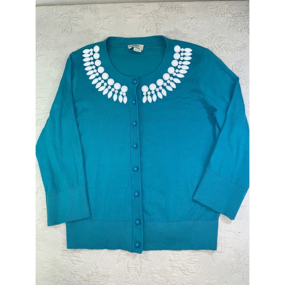 Kate Spade New York Beaded Collar Cardigan Turquoise Blue 3/4 Sleeve Small